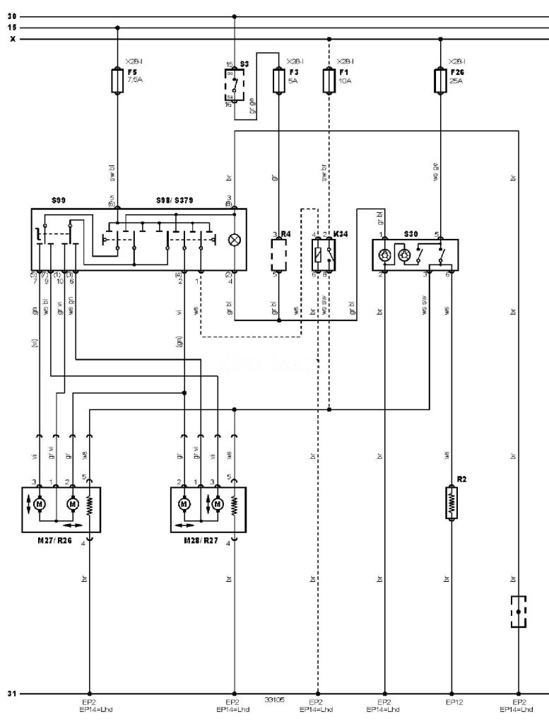Електросхема обігрівача скла Volkswagen Bora (1J) (1J2/1J6)