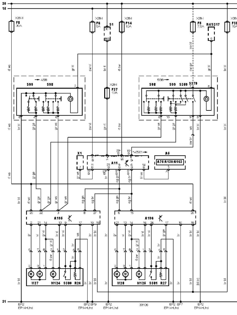 Електросхема дзеркал тип 2 Volkswagen Bora (1J) (1J2/1J6)